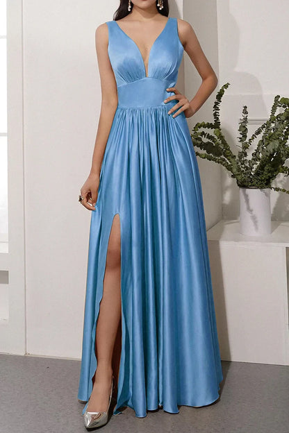 Dress A-line Satin Long Evening Party Dress With Slit Sleeveless Prom Dress