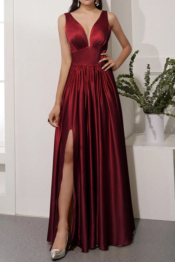 Dress A-line Satin Long Evening Party Dress With Slit Sleeveless Prom Dress