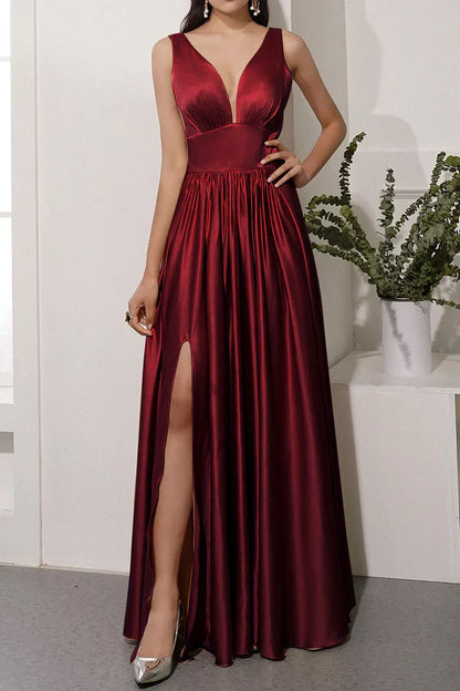 Dress A-line Satin Long Evening Party Dress With Slit Sleeveless Prom Dress