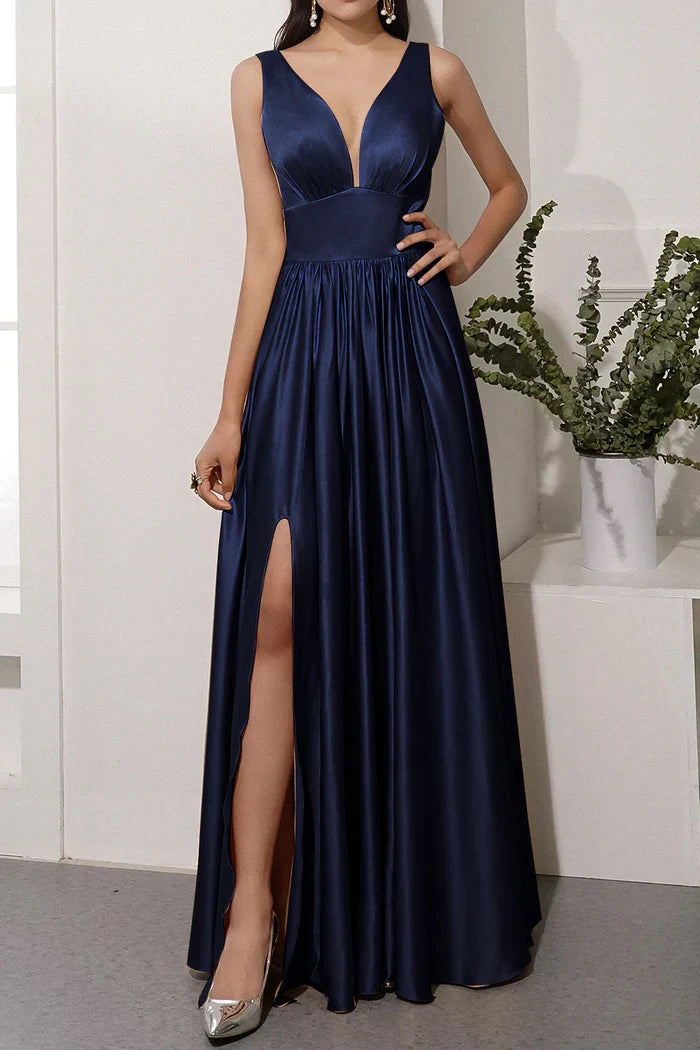 Dress A-line Satin Long Evening Party Dress With Slit Sleeveless Prom Dress