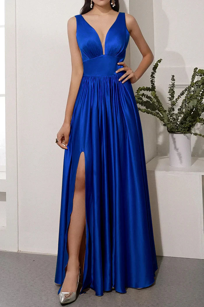 Dress A-line Satin Long Evening Party Dress With Slit Sleeveless Prom Dress