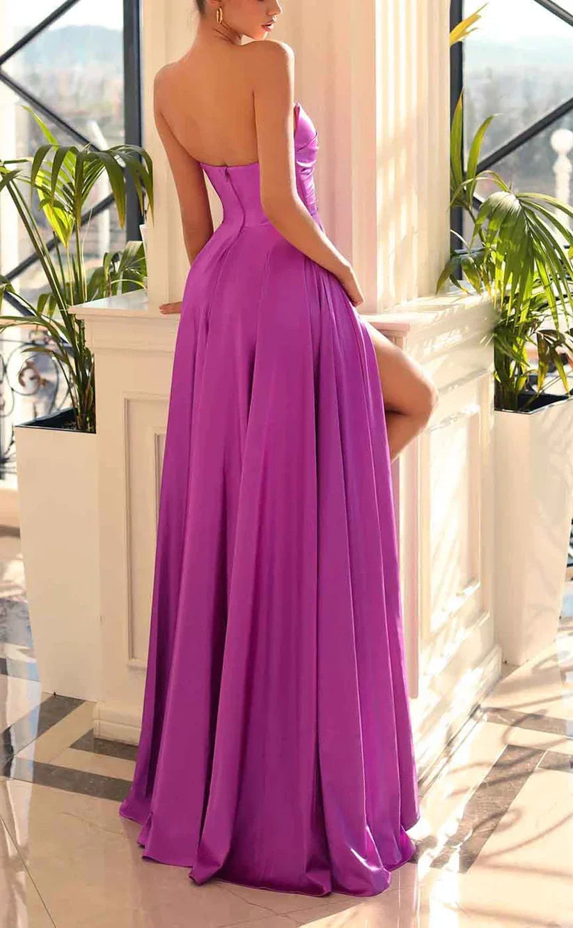 Dress A-line Sleeveless Long Prom Dresses Side Hight Slit Purple Pleated Prom Dresses