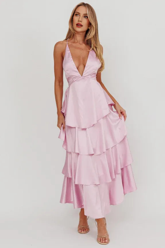 Dress A-line Spaghetti Straps Deep V Neck Tiered Frill Strappy Open Back Prom Dress Lilac