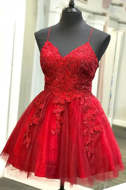 Dress A-line Spaghetti Straps Lace Appliqued Red Short Mini Homecoming Dress