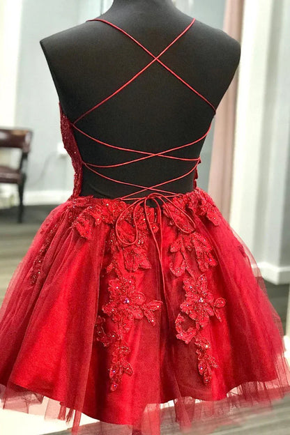 Dress A-line Spaghetti Straps Lace Appliqued Red Short Mini Homecoming Dress