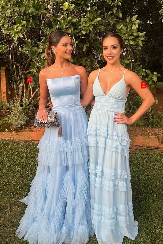 Dress A-line Spaghetti Straps Light Blue Tiered Long Maxi Dress Sleeveless Prom Dress