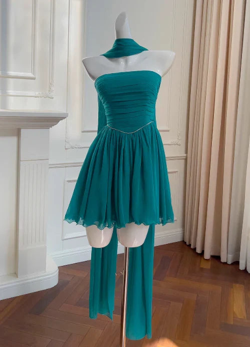 Dress A-line Strapless Chiffon Short Prom Dress Pleated Chic Homecoming Dress