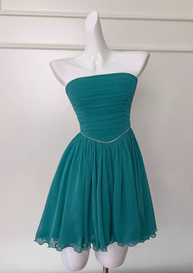 Dress A-line Strapless Chiffon Short Prom Dress Pleated Chic Homecoming Dress