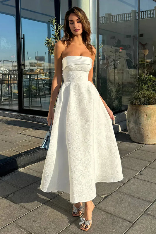 Dress A-line Strapless Cinch Waist Textured Elegant Gowns Maxi Prom Dresses White