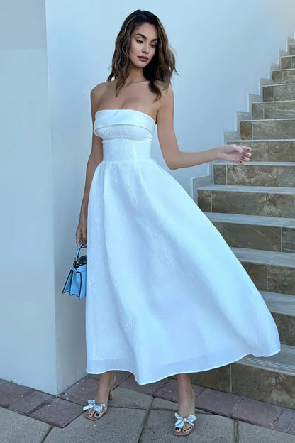Dress A-line Strapless Cinch Waist Textured Elegant Gowns Maxi Prom Dresses White