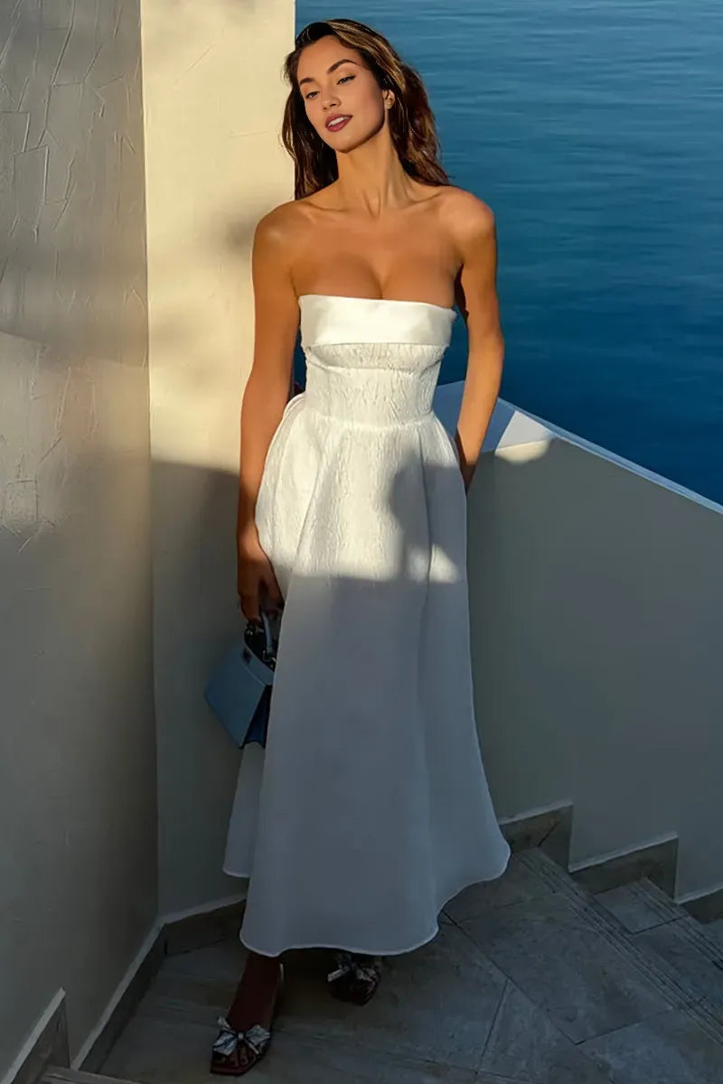 Dress A-line Strapless Cinch Waist Textured Elegant Gowns Maxi Prom Dresses White