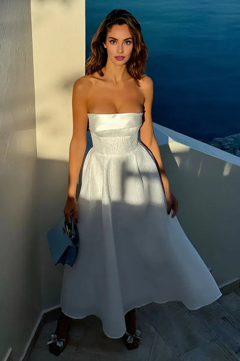 Dress A-line Strapless Cinch Waist Textured Elegant Gowns Maxi Prom Dresses White