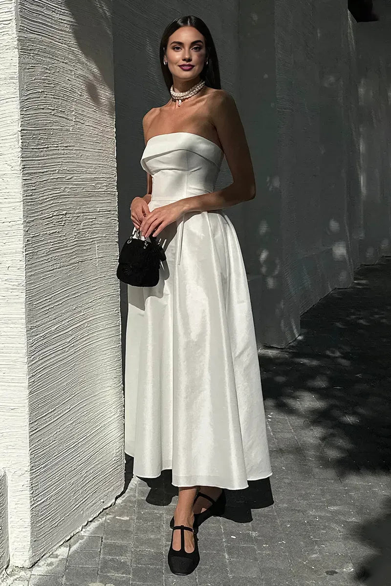 Dress A-line Strapless Cinch Waist Textured Elegant Gowns Maxi Prom Dresses White