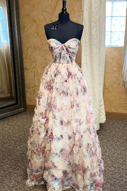 Dress A-line Strapless Floral Print Pleated Ruffle Hem Long Dress Prom Dress