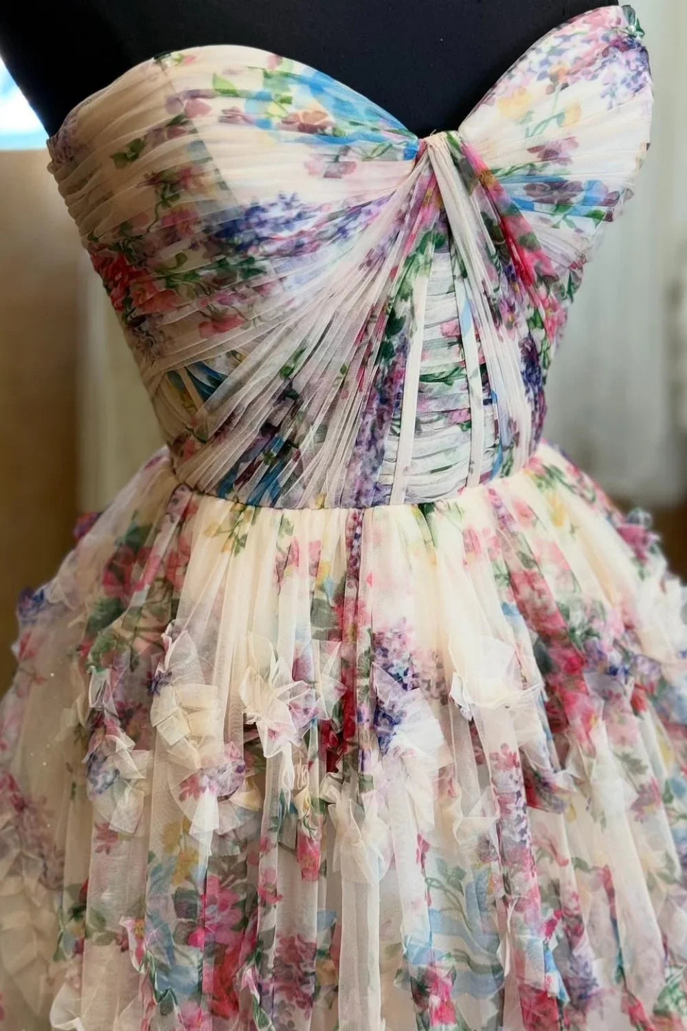 Dress A-line Strapless Floral Print Pleated Ruffle Hem Long Dress Prom Dress
