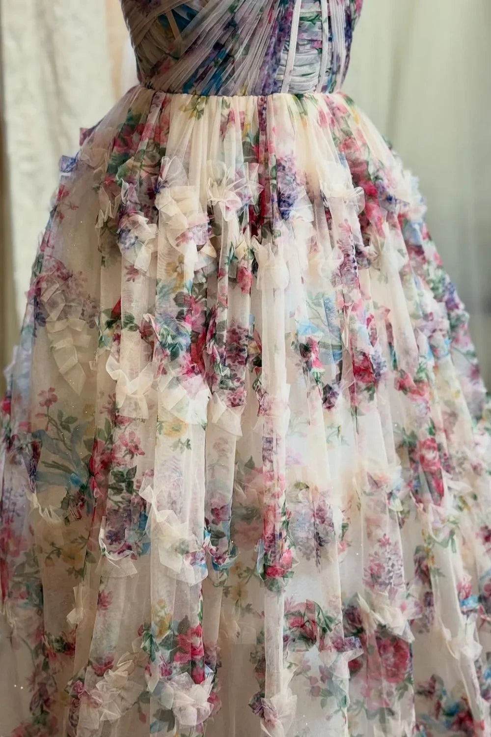 Dress A-line Strapless Floral Print Pleated Ruffle Hem Long Dress Prom Dress