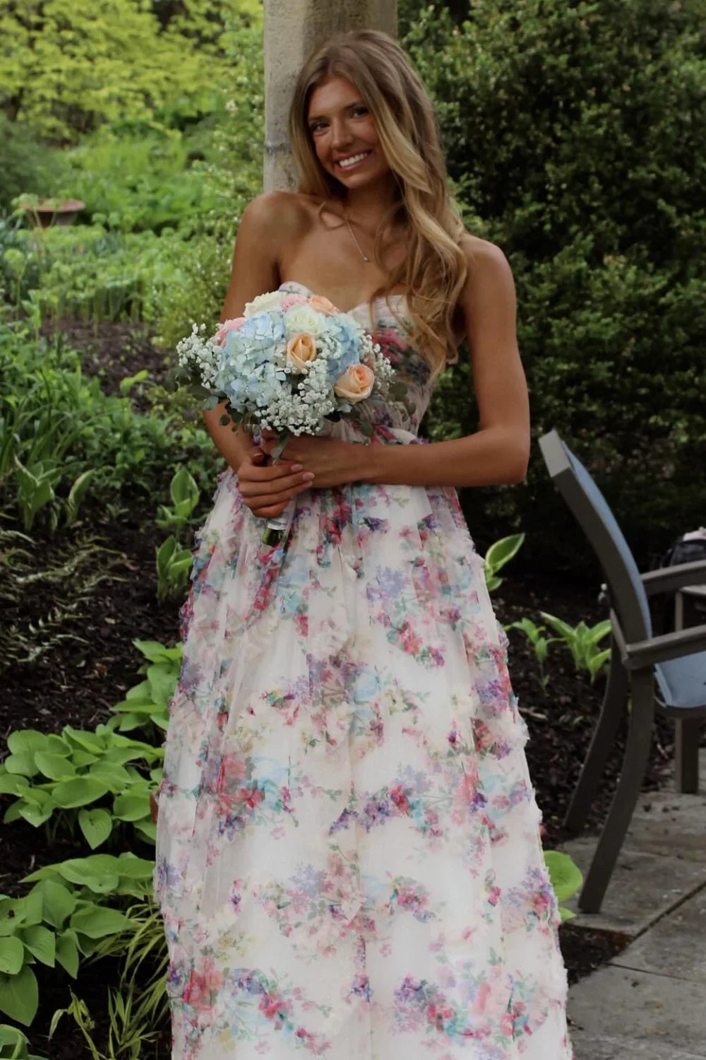 Dress A-line Strapless Floral Print Pleated Ruffle Hem Long Dress Prom Dress
