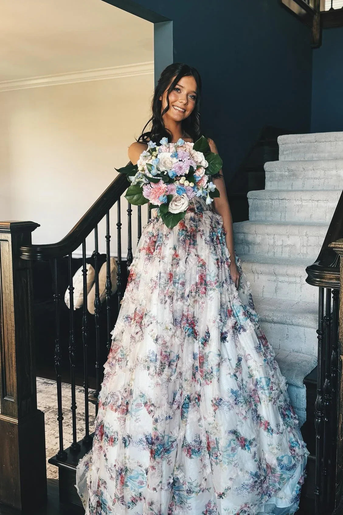 Dress A-line Strapless Floral Print Pleated Ruffle Hem Long Dress Prom Dress