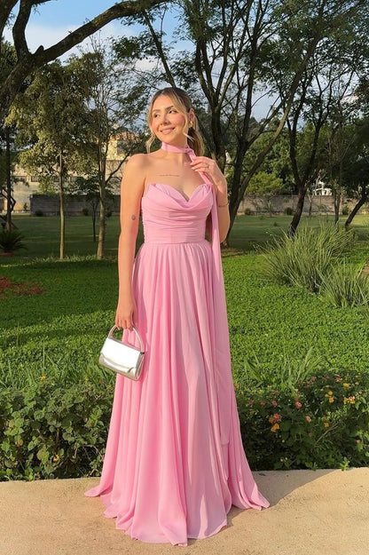 Dress A-line Strapless Pink Chiffon A-line Formal Dress Maxi Dress Prom Dress