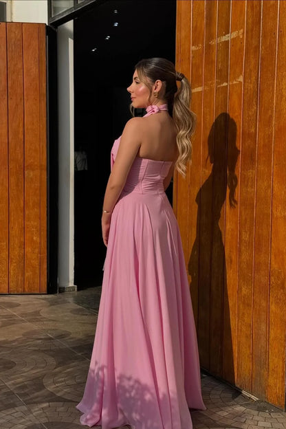 Dress A-line Strapless Pink Chiffon A-line Formal Dress Maxi Dress Prom Dress