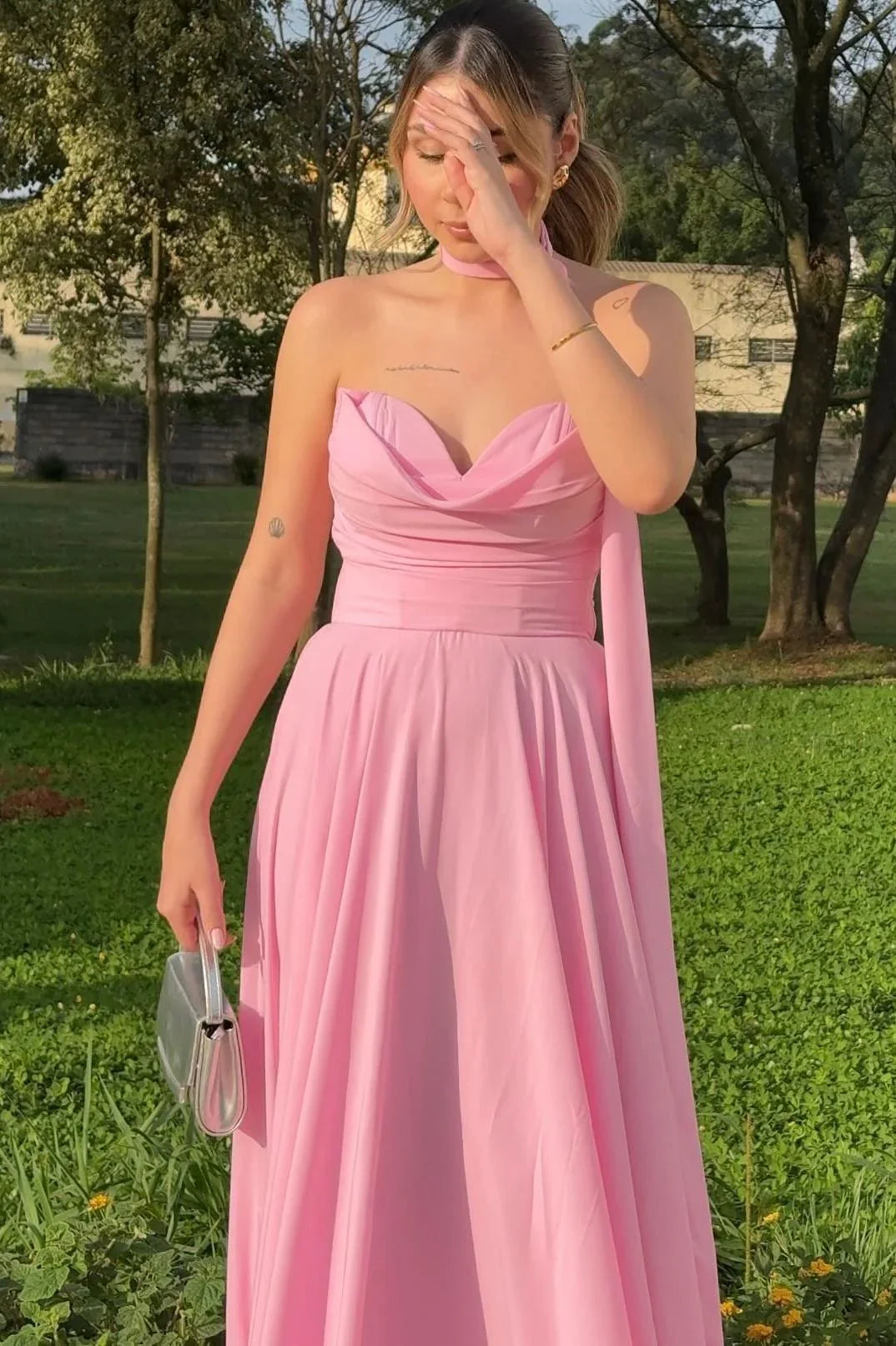 Dress A-line Strapless Pink Chiffon A-line Formal Dress Maxi Dress Prom Dress