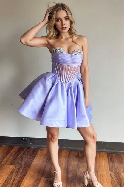 Dress A-line Strapless Sheer Corset Bodice Lavender Homecoming Dress