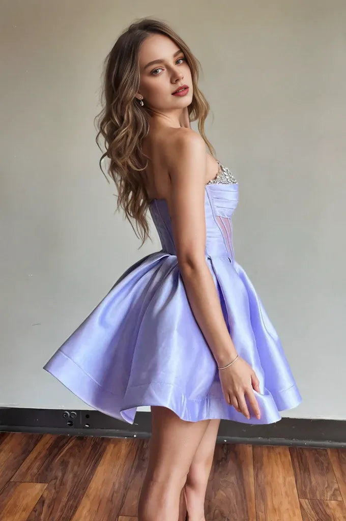 Dress A-line Strapless Sheer Corset Bodice Lavender Homecoming Dress
