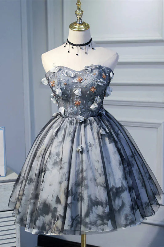 Dress A-line Sweetheart Black Floral Short Party Dress Sleeveless Homecoming Dress
