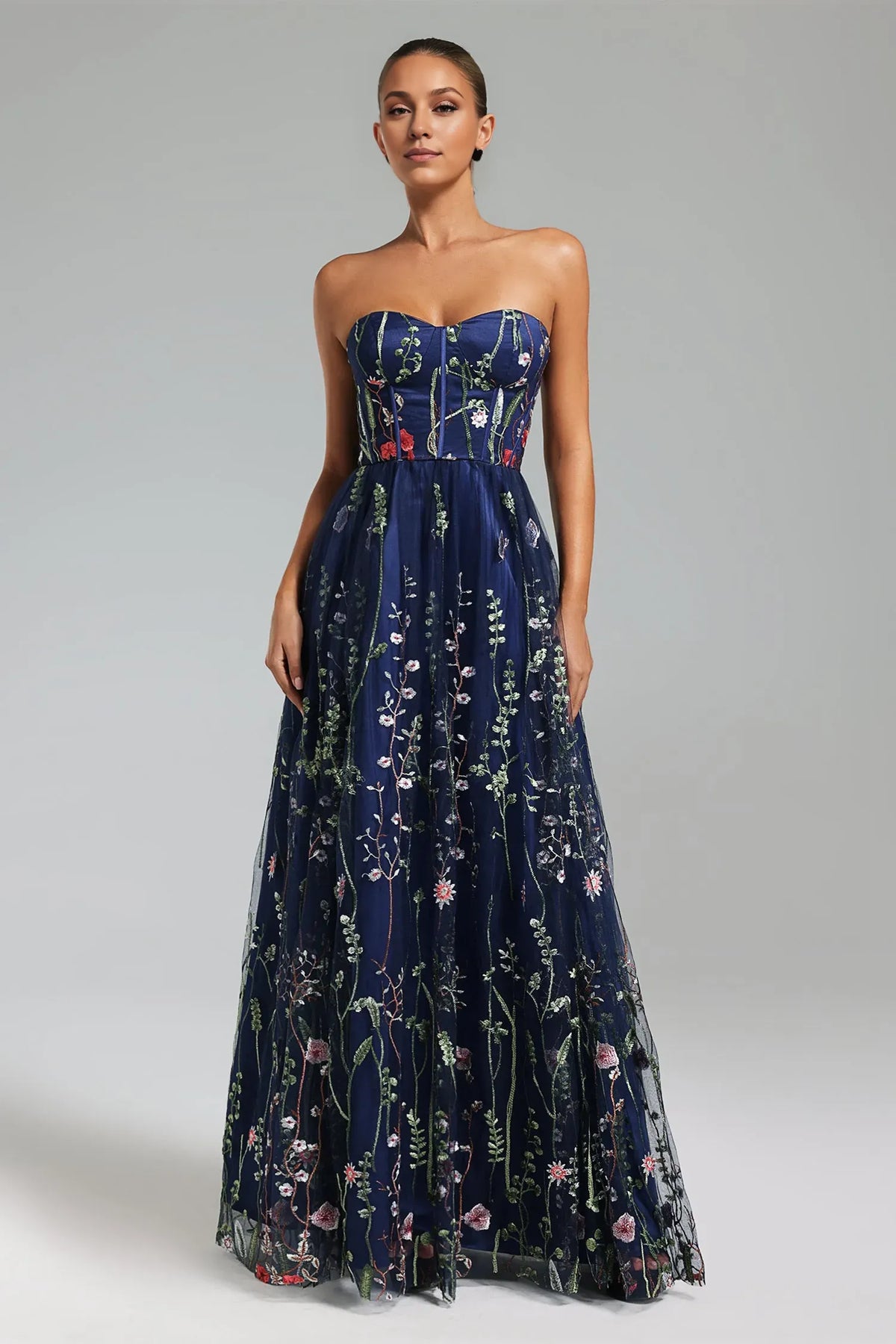 Dress A-line Sweetheart Strapless Embroidery Floor Length Maxi Dress Tulle Floral