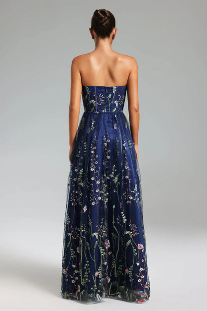 Dress A-line Sweetheart Strapless Embroidery Floor Length Maxi Dress Tulle Floral