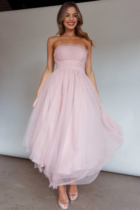 Dress A-line Sweetheart Strapless Sleeveless Prom Dress Elegant Tulle Maxi Dress Asymmetrical Hem