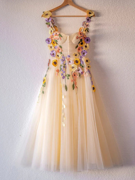 Dress A-line Tulle Tea-Length Prom Dress Homecoming Dress With 3D Flower