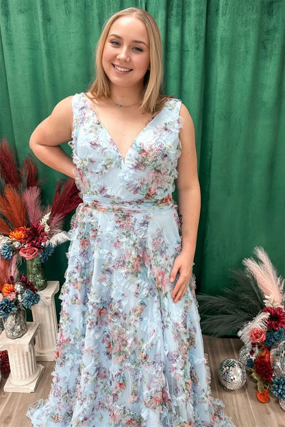 Dress A-line V-neck Florals Ruffle Maxi Dress Sleeveless Flower Printed Prom Dress
