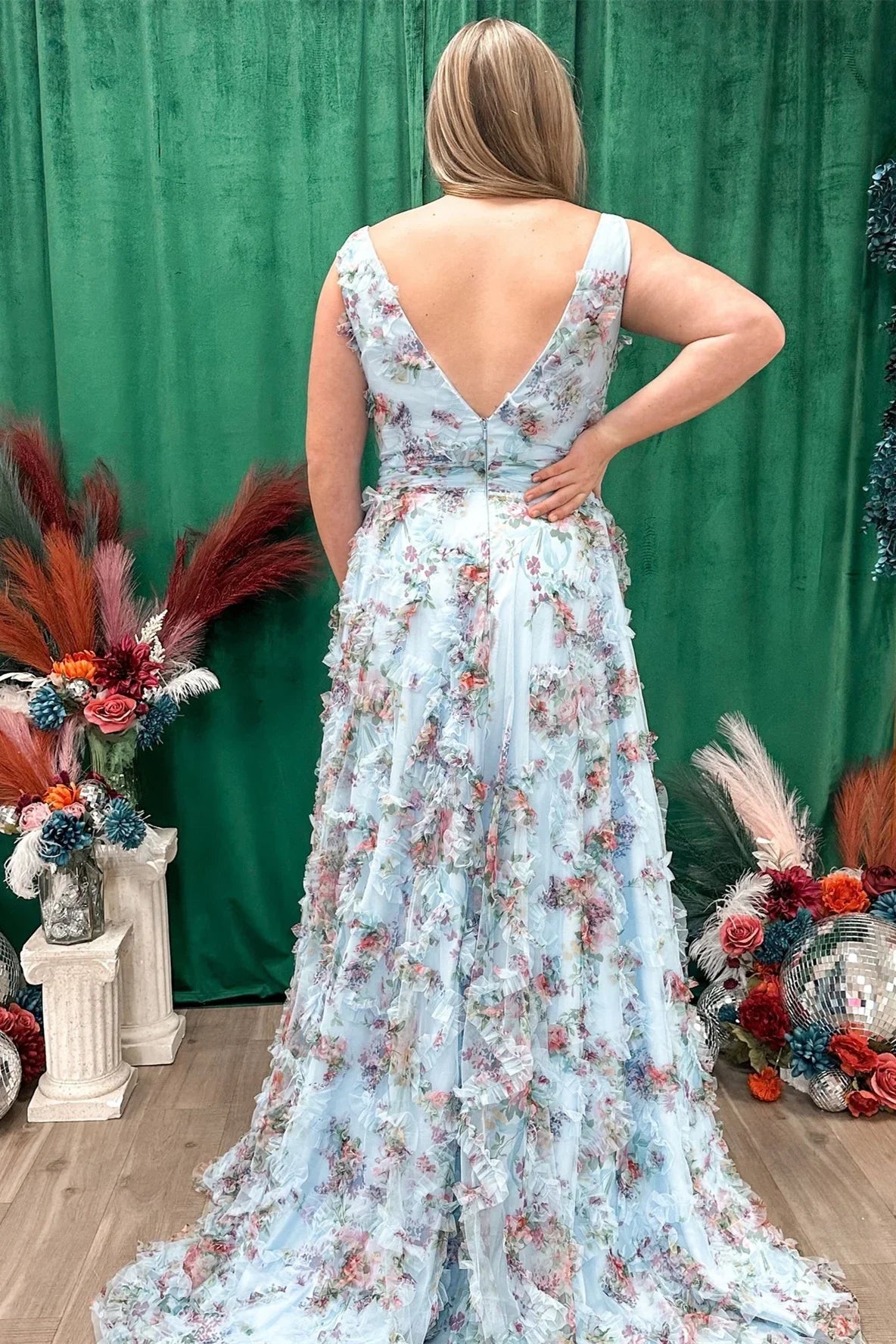 Dress A-line V-neck Florals Ruffle Maxi Dress Sleeveless Flower Printed Prom Dress