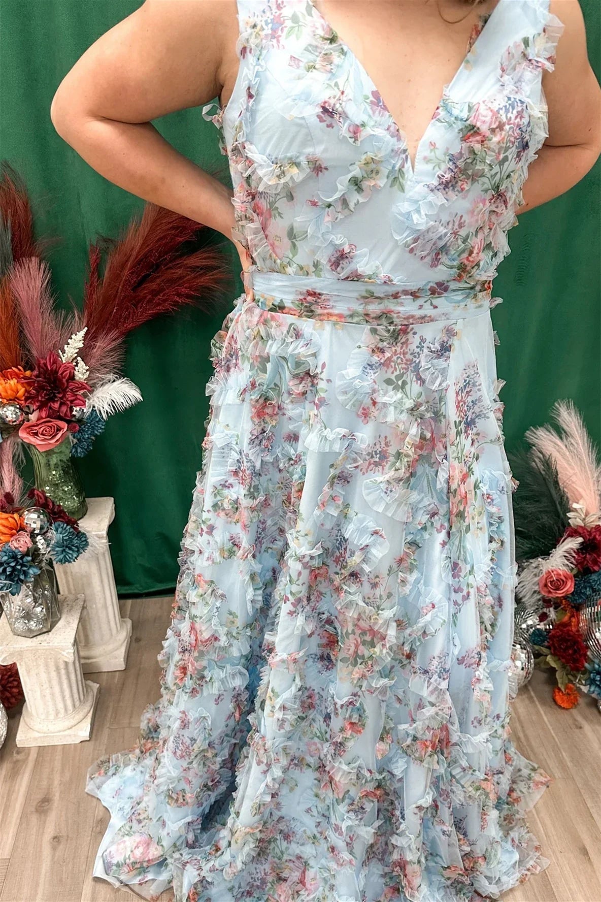 Dress A-line V-neck Florals Ruffle Maxi Dress Sleeveless Flower Printed Prom Dress