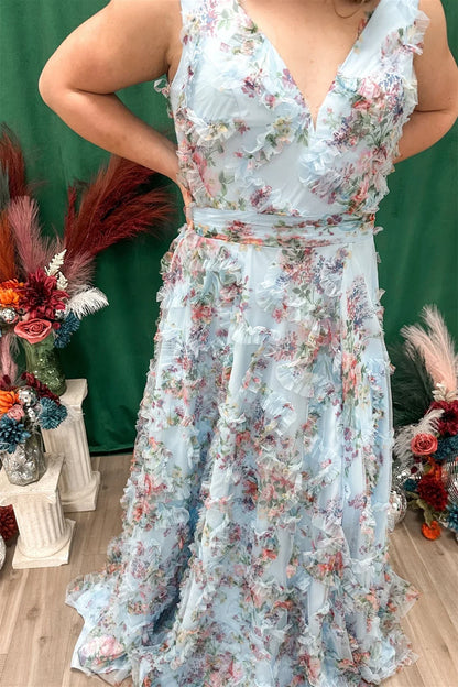 Dress A-line V-neck Florals Ruffle Maxi Dress Sleeveless Flower Printed Prom Dress