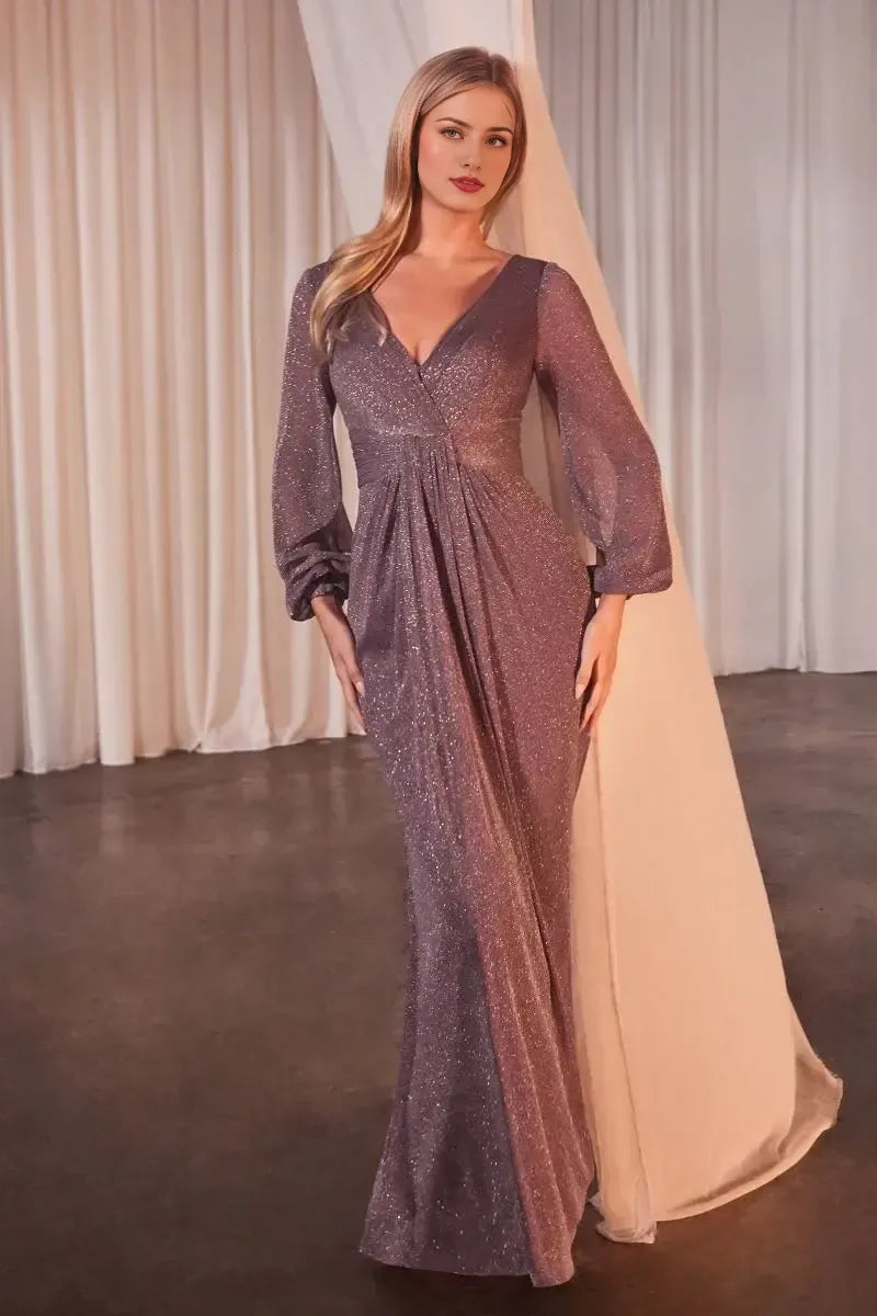 Dress A-line V Neck Elegant Formal V Back Prom Dress Long Sleeves Sweep/Brush Train Glitter Evening Dress