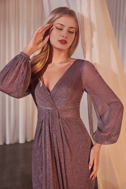 Dress A-line V Neck Elegant Formal V Back Prom Dress Long Sleeves Sweep/Brush Train Glitter Evening Dress