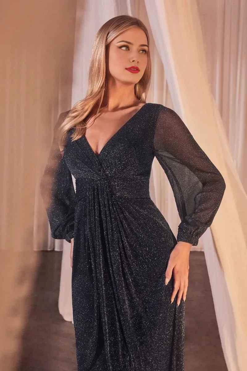 Dress A-line V Neck Elegant Formal V Back Prom Dress Long Sleeves Sweep/Brush Train Glitter Evening Dress