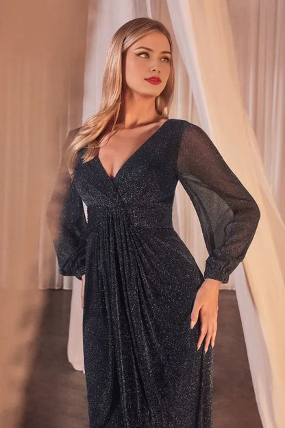 Dress A-line V Neck Elegant Formal V Back Prom Dress Long Sleeves Sweep/Brush Train Glitter Evening Dress