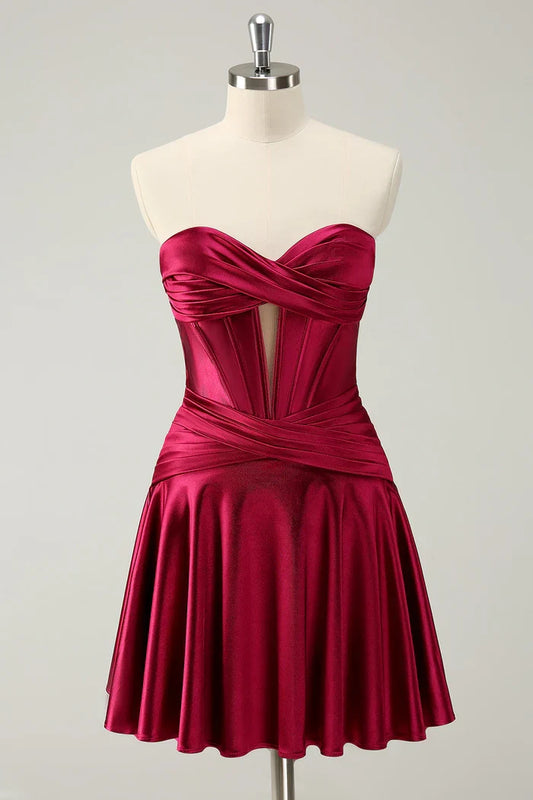 Dress A Line Burgundy A Line Sweetheart Strapless Satin Homecoming Dress Sleeveless Keyhole Party Dress