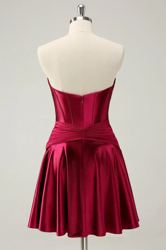 Dress A Line Burgundy A Line Sweetheart Strapless Satin Homecoming Dress Sleeveless Keyhole Party Dress