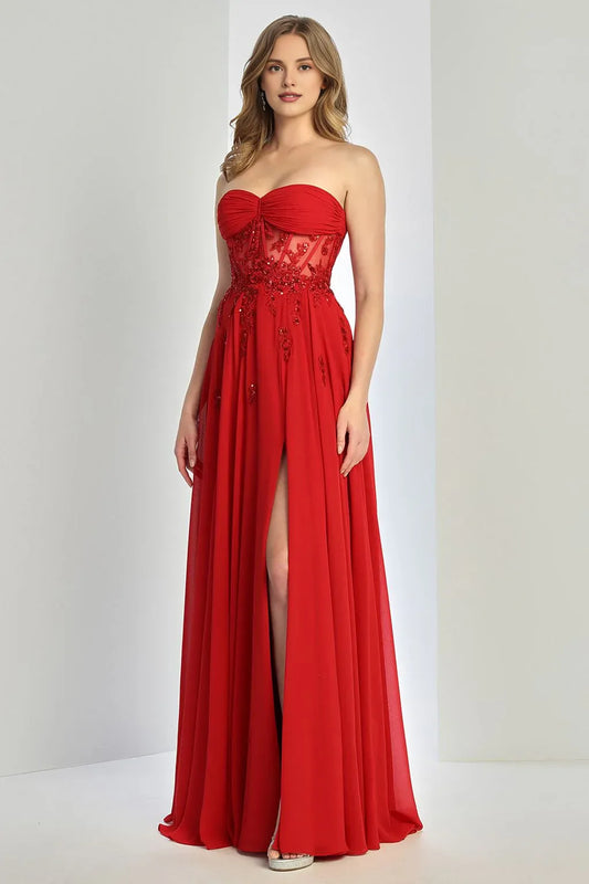 Dress A Line Corset Slit Formal Dress Chiffon Strapless Sleeveless Prom Dress With Hight Slit