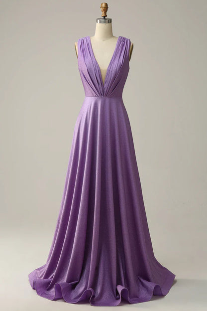Dress A Line Deep V Neck Purple V Back Sleeveless Long Prom Dress