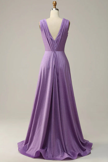 Dress A Line Deep V Neck Purple V Back Sleeveless Long Prom Dress