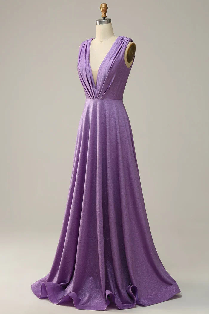 Dress A Line Deep V Neck Purple V Back Sleeveless Long Prom Dress