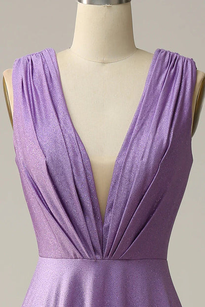 Dress A Line Deep V Neck Purple V Back Sleeveless Long Prom Dress