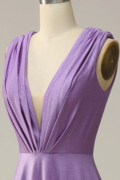 Dress A Line Deep V Neck Purple V Back Sleeveless Long Prom Dress