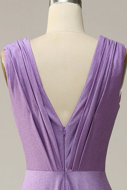 Dress A Line Deep V Neck Purple V Back Sleeveless Long Prom Dress