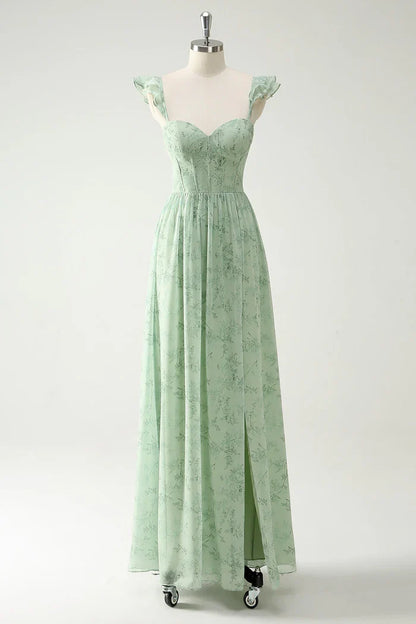 Dress A Line Green Flower Ruffles Straps Prom Dress With Split Front